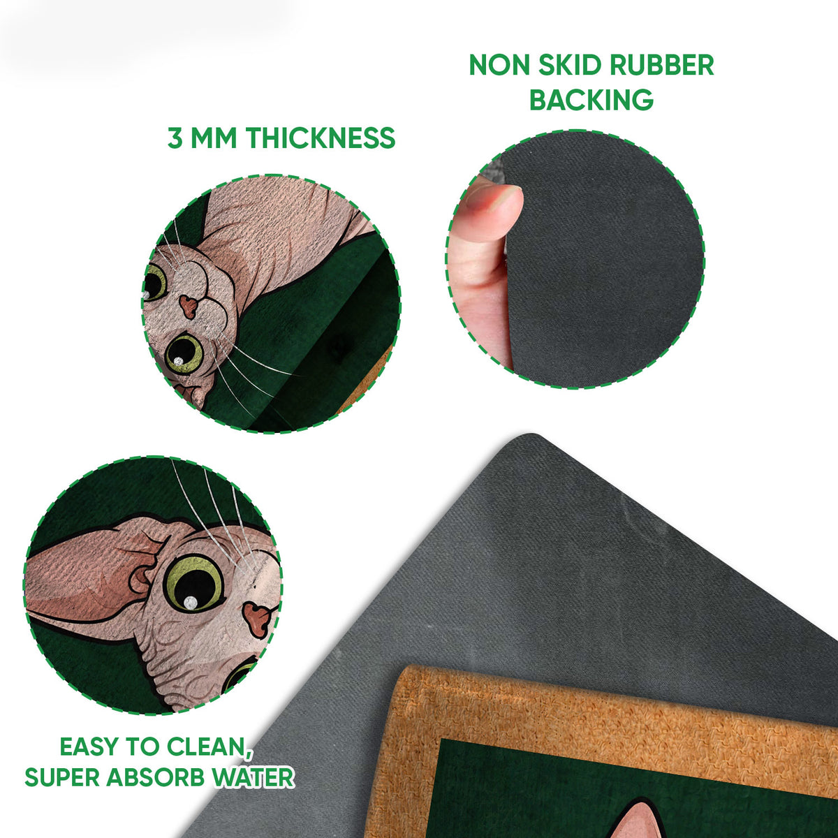 Sphynx cat doormat feature view showing the printed surface, rubber backing and easy-clean construction