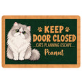 Persian cat doormat with fluffy cat artwork, paw prints, and playful door-themed lettering