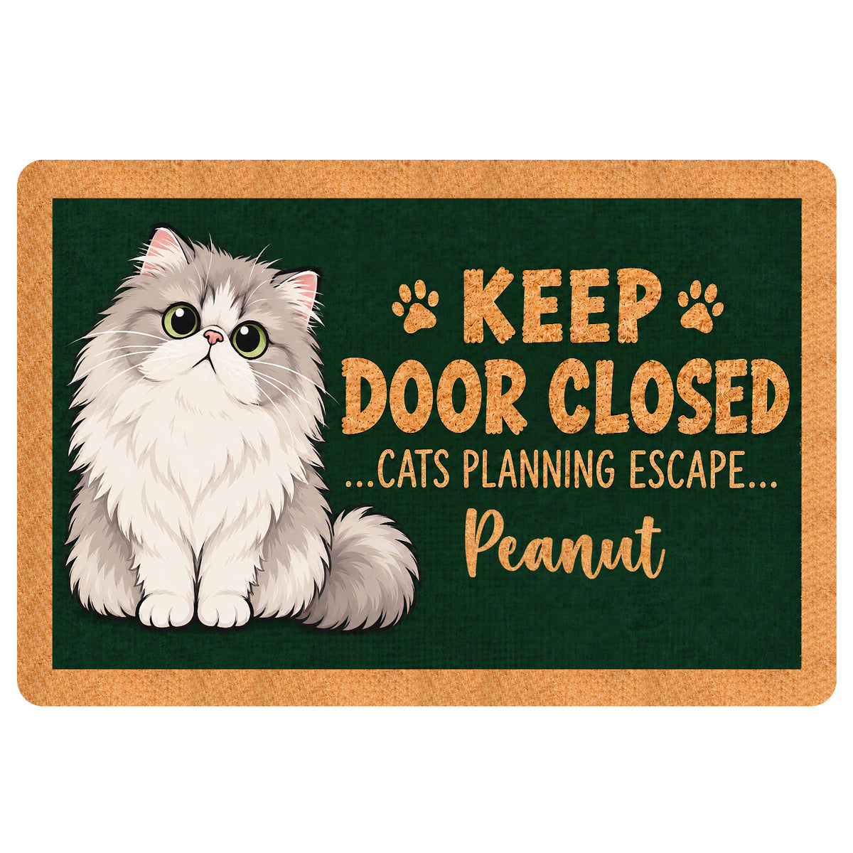 Persian cat doormat with fluffy cat artwork, paw prints, and playful door-themed lettering