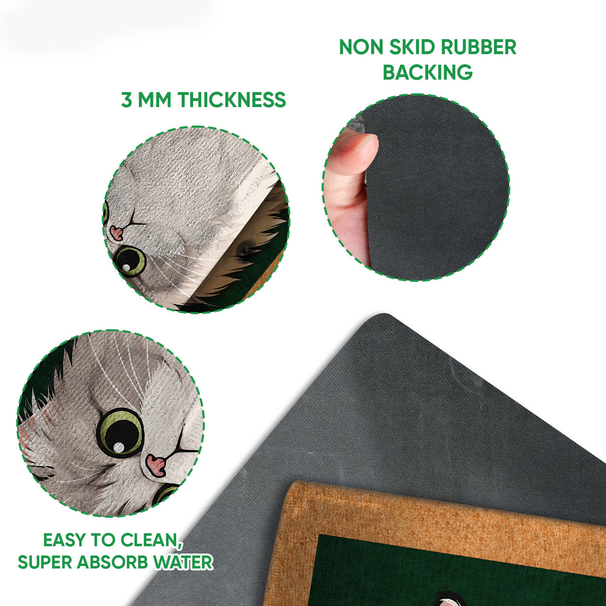 Persian cat doormat detail showing the printed surface, rubber backing, and slim profile