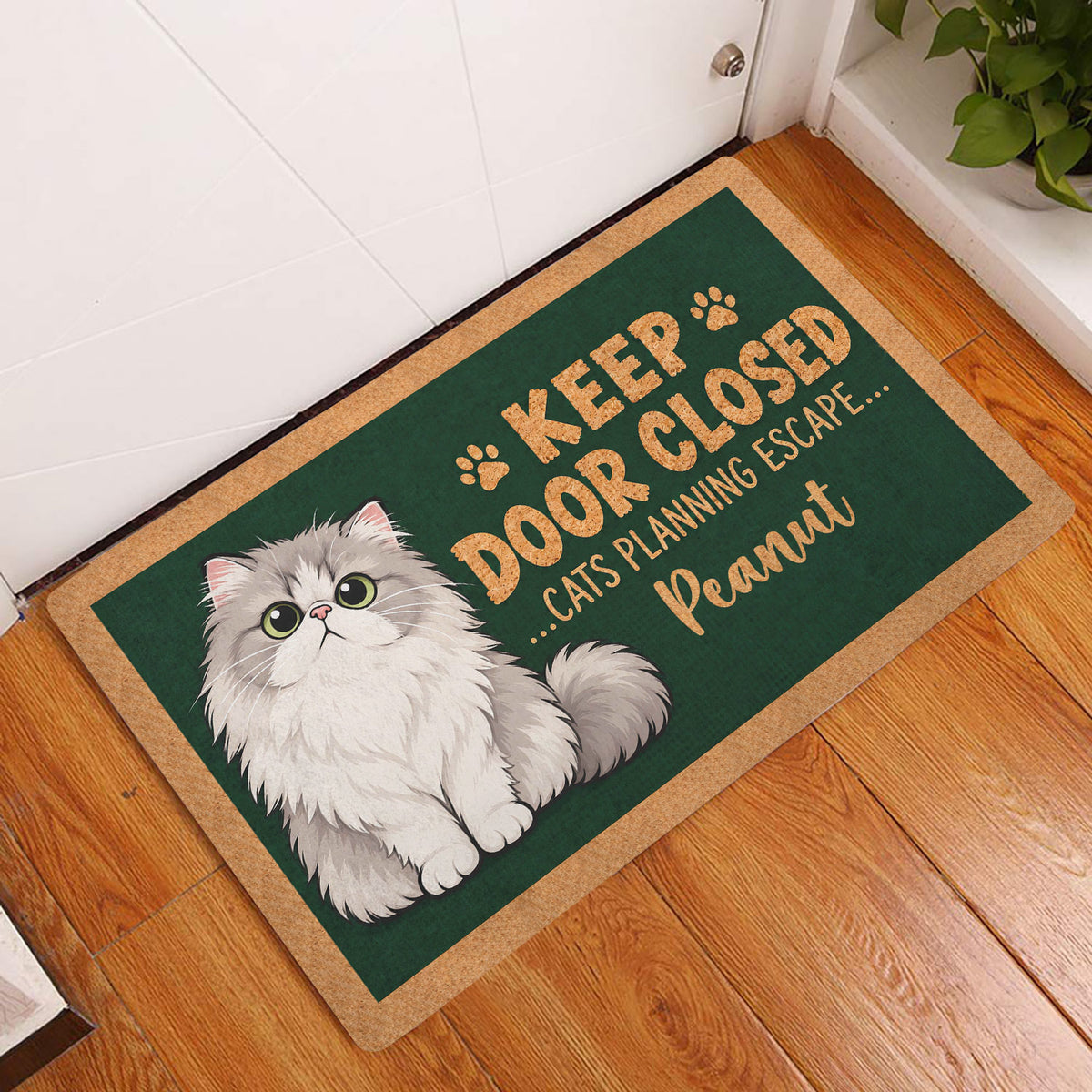 Persian cat doormat displayed in a wood-floor entryway beside a white door