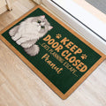 Fluffy Persian cat door mat placed near an entryway with playful cat-themed lettering