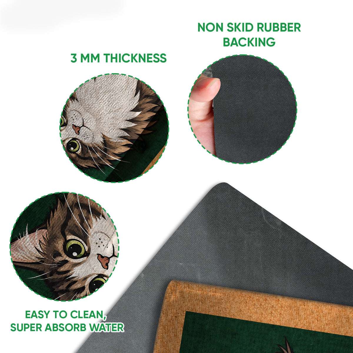 Maine Coon doormat detail showing the printed surface, rubber backing, rounded edge and thickness