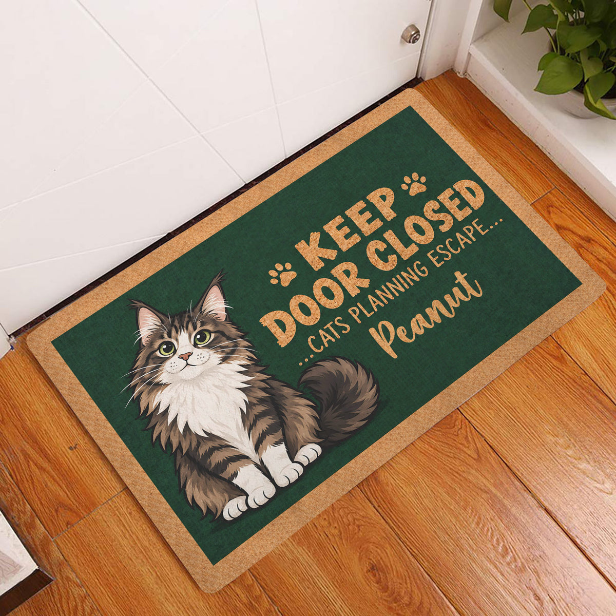 Maine Coon cat entryway mat displayed beside a white door on a warm wood floor