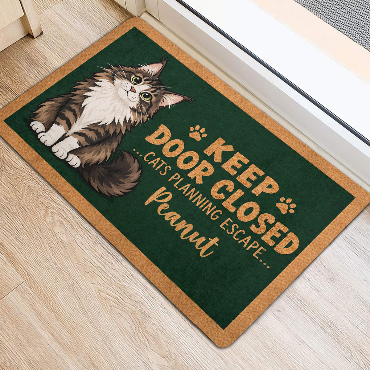 Maine Coon cat door mat shown near an entryway with dark green artwork and tan border