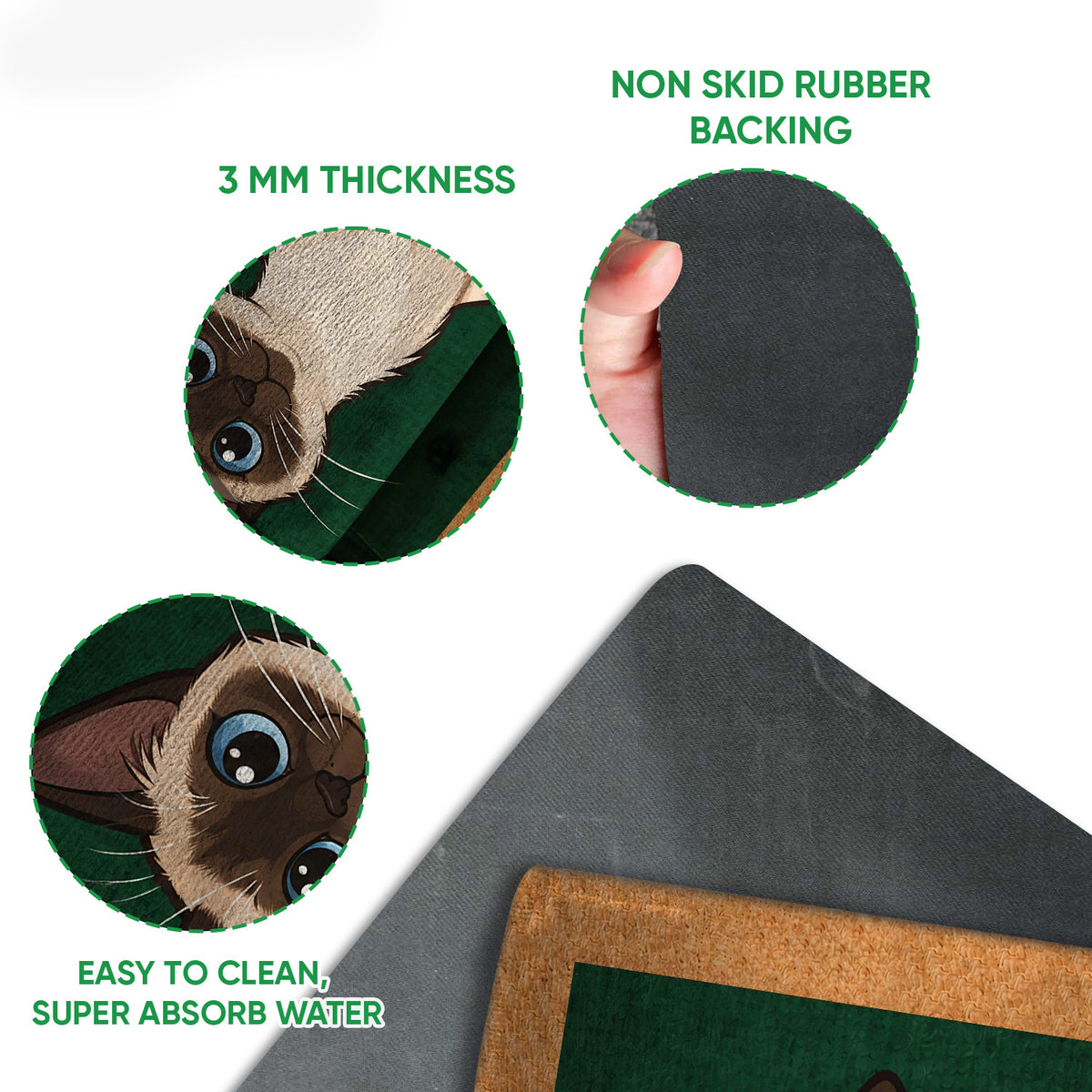 Close-up detail of the Siamese cat doormat edge, printed surface, and dark rubber grip backing