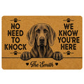 Custom Weimaraner doormat with dog portrait, no need to knock quote and family name
