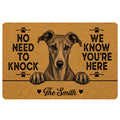 Whippet doormat with a humorous knock-at-the-door message, paw prints, hearts, and warm tan artwork
