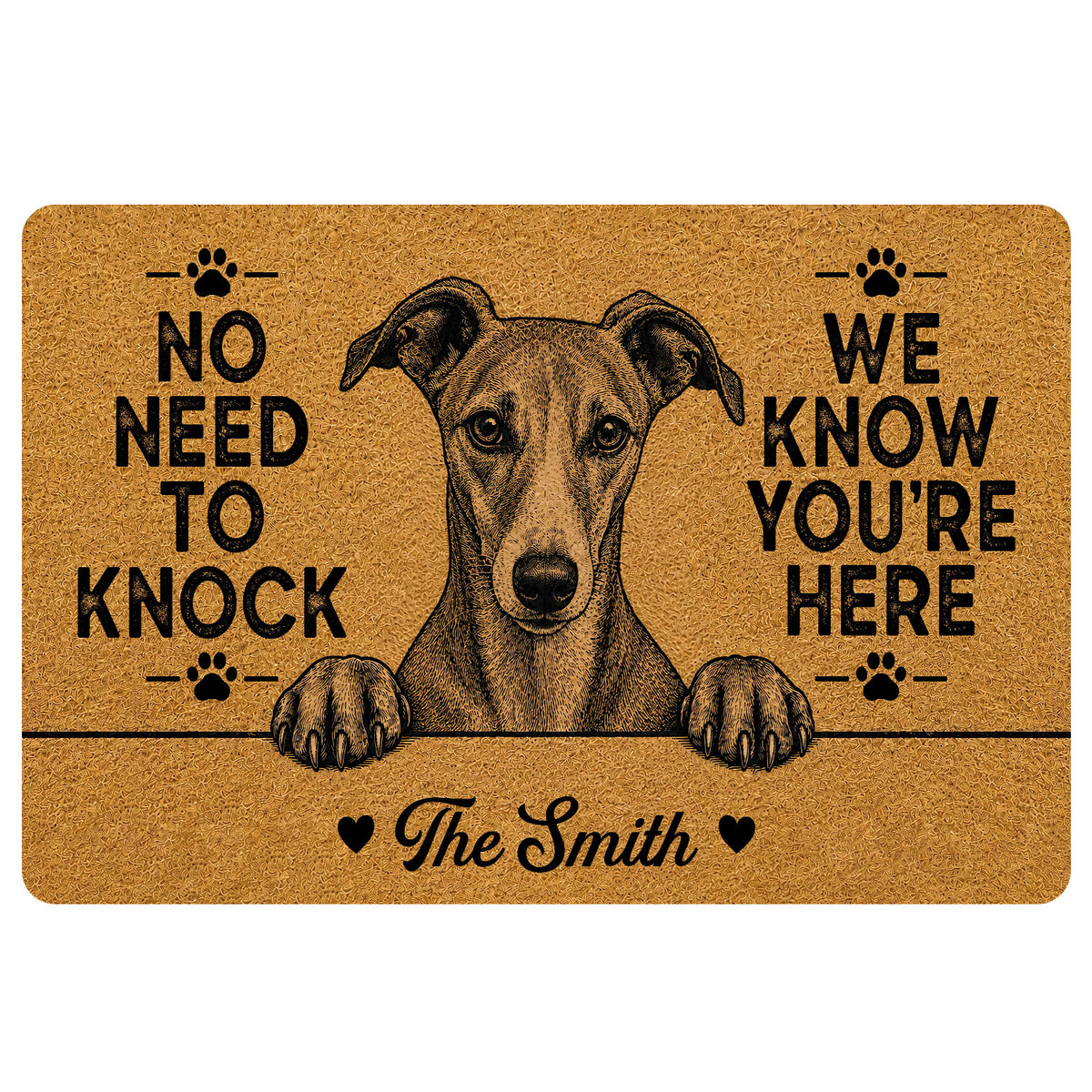 Whippet doormat with a humorous knock-at-the-door message, paw prints, hearts, and warm tan artwork