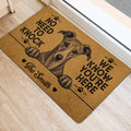 Whippet door mat positioned at an indoor doorway, featuring a detailed dog portrait and humorous lettering