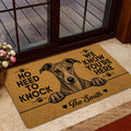 Whippet doormat styled by a glass entry door with a detailed dog illustration and welcoming message