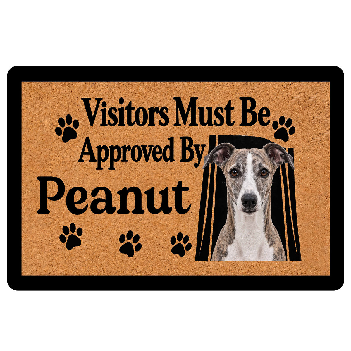 Whippet doormat with a black-and-tan design, paw prints, dog portrait, and playful visitor message