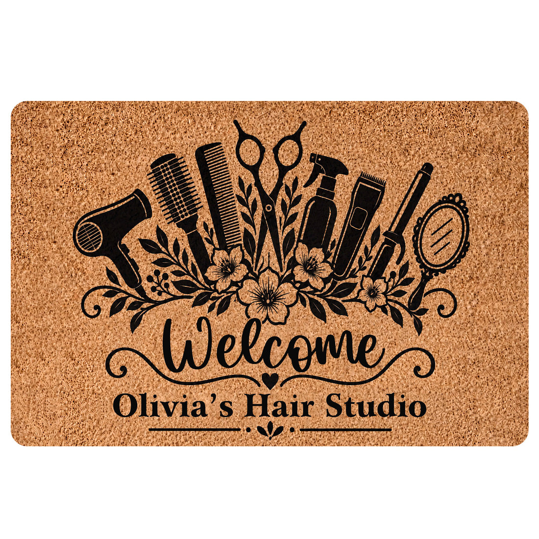 Tan hairstylist doormat with black hair tools, floral accents, welcome lettering, and salon-themed design