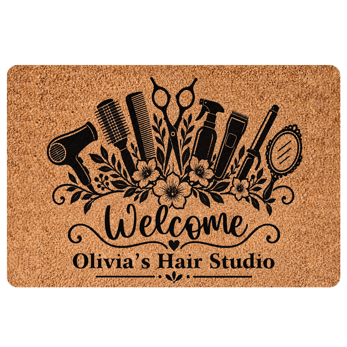 Tan hairstylist doormat with black hair tools, floral accents, welcome lettering, and salon-themed design