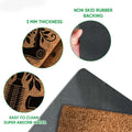 Close-up of hairstylist doormat artwork and rubber backing with thickness and cleaning feature callouts