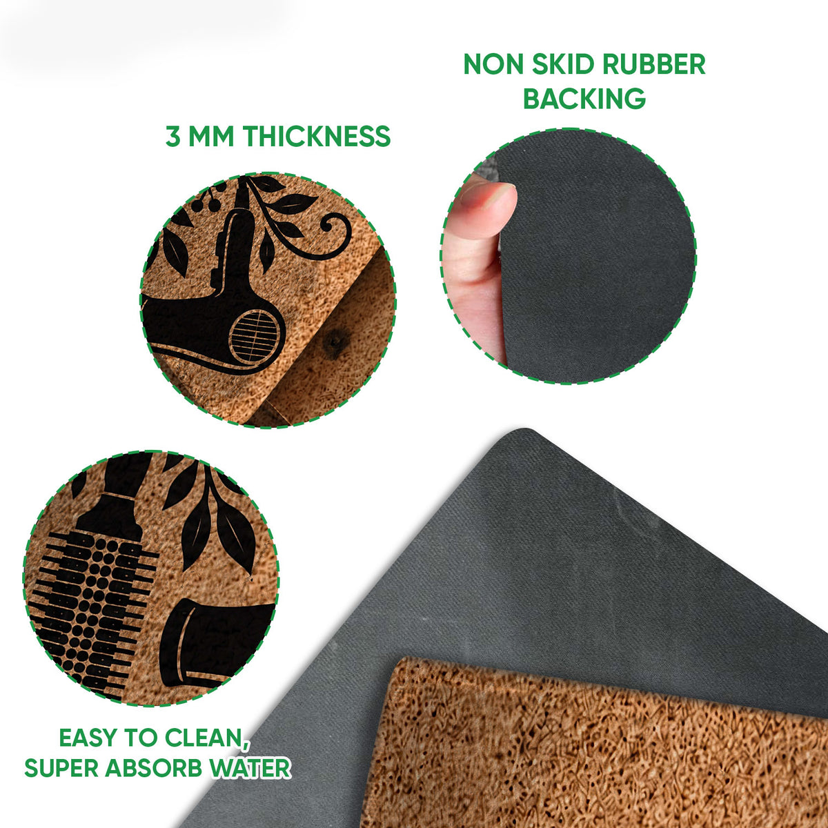 Close-up of hairstylist doormat artwork and rubber backing with thickness and cleaning feature callouts