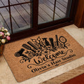 Hairstylist entryway mat styled by a glass door with floral hair tool design and welcome lettering