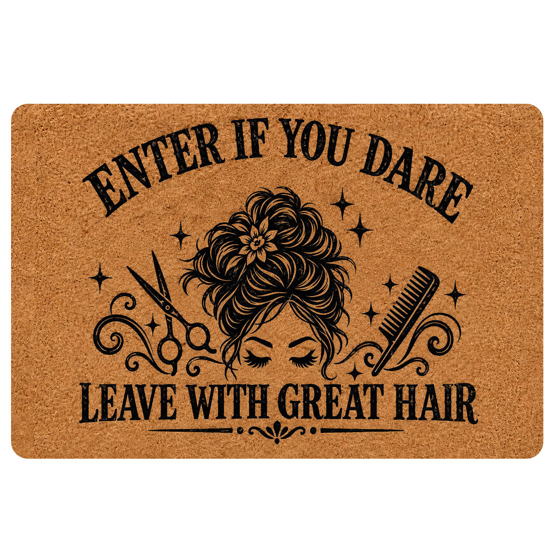 Hairstylist doormat with a woman’s updo, scissors, comb, stars and a playful salon welcome message