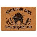 Hairstylist doormat with a woman’s updo, scissors, comb, stars and a playful salon welcome message