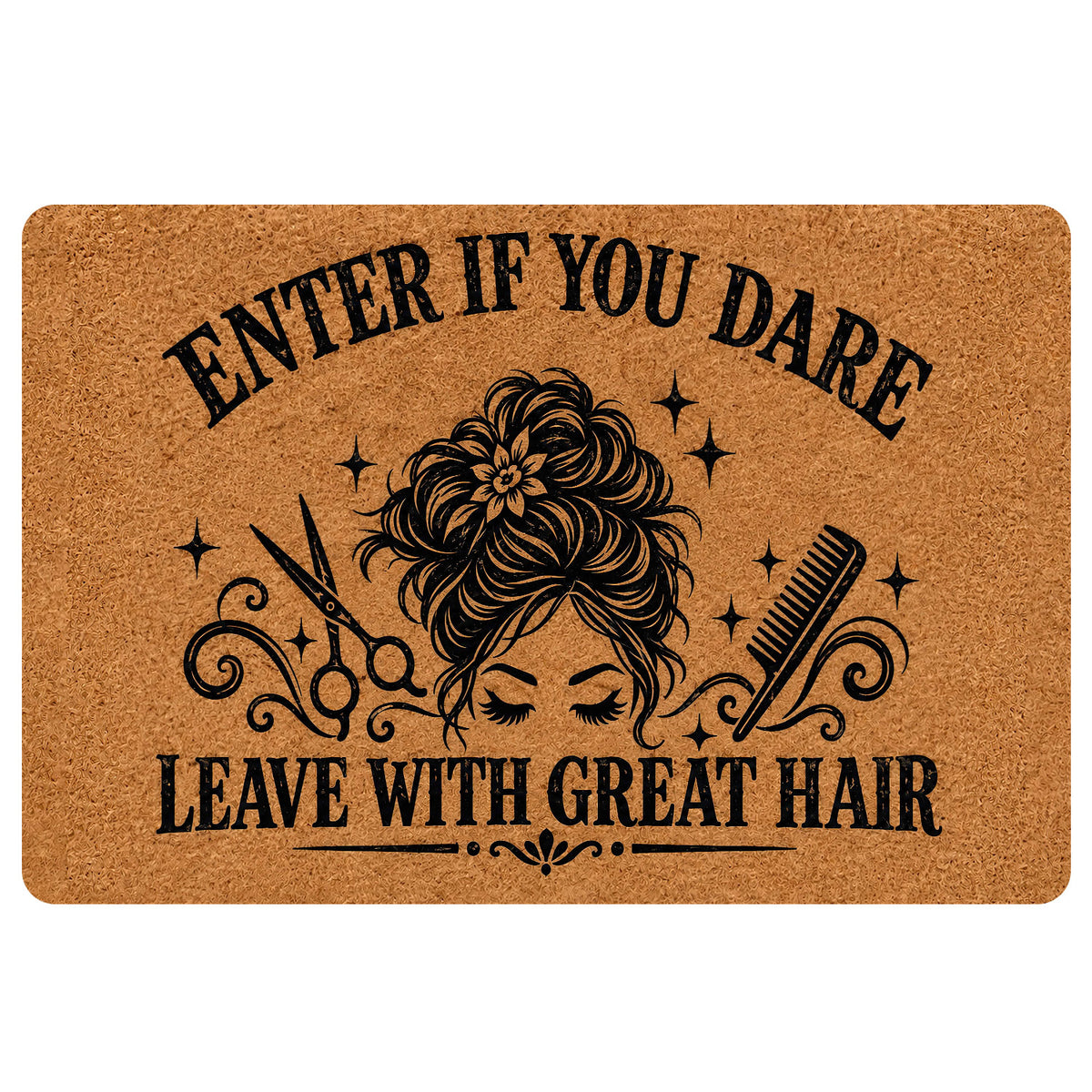 Hairstylist doormat with a woman’s updo, scissors, comb, stars and a playful salon welcome message