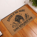 Hairstylist entryway mat displayed by a white door on a warm wood floor with salon-inspired artwork