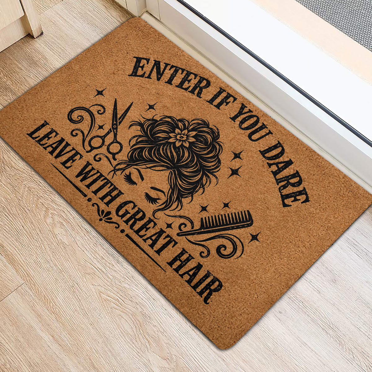 Hairdresser door mat placed at an entrance, featuring a black hair design, scissors, comb and decorative stars