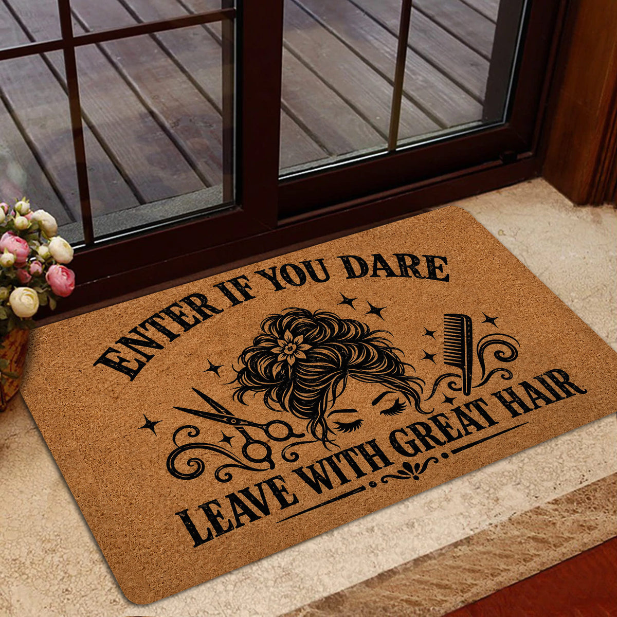Salon-themed hairstylist doormat styled inside a glass doorway with a warm indoor entryway setting