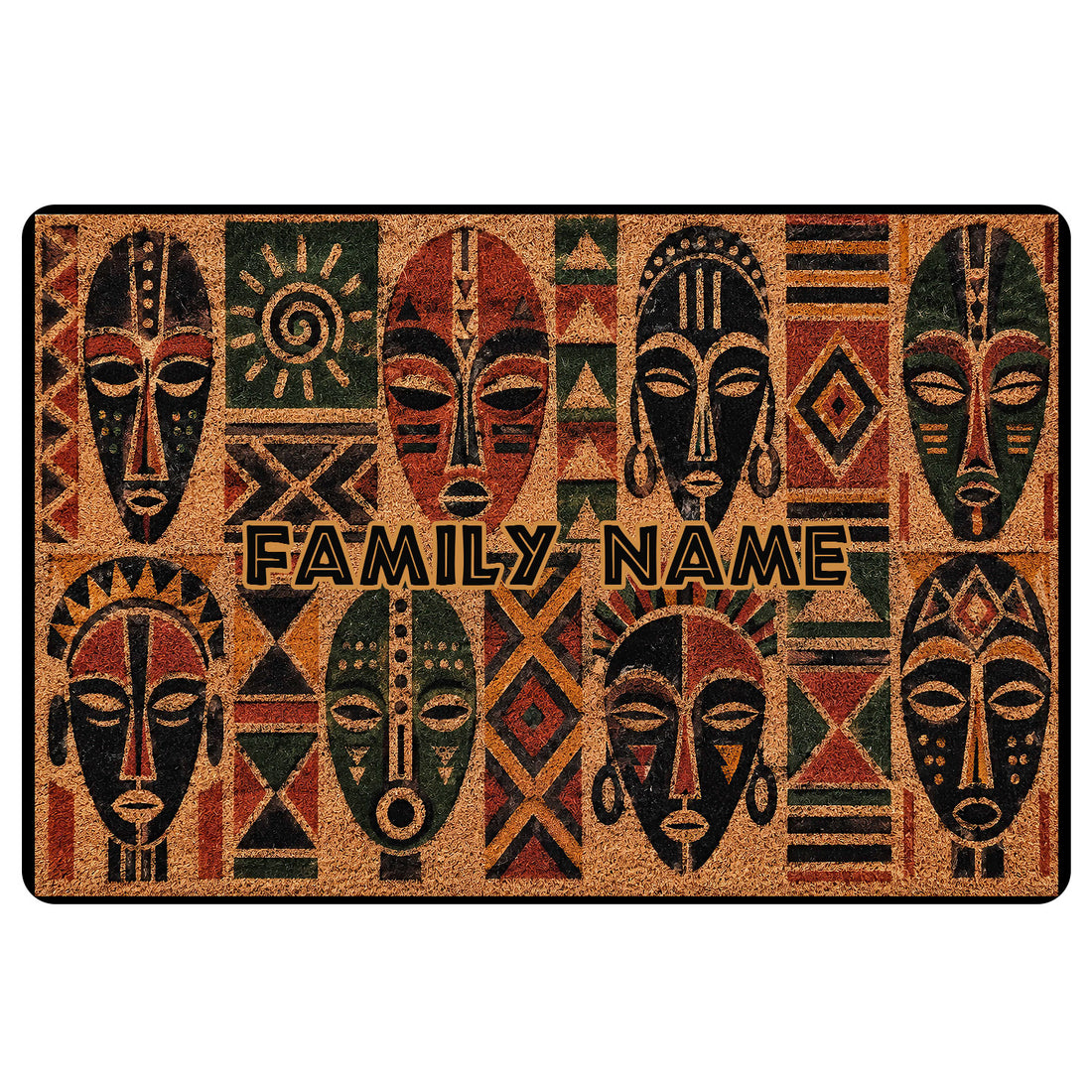 African-inspired doormat with stylized tribal masks, geometric motifs, and warm earth-tone colors