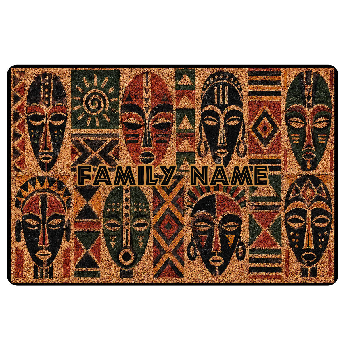 African-inspired doormat with stylized tribal masks, geometric motifs, and warm earth-tone colors