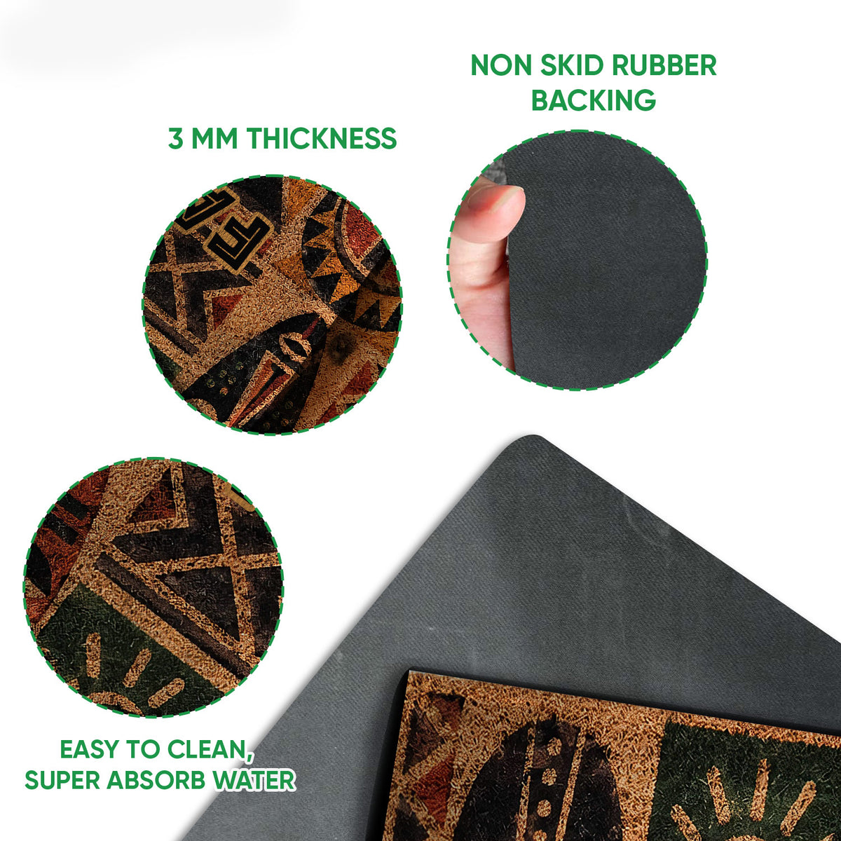 Close-up of African mask artwork on the doormat with a view of its black rubber backing