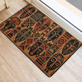 African-inspired entryway rug with colorful masks and geometric patterns beside a doorway