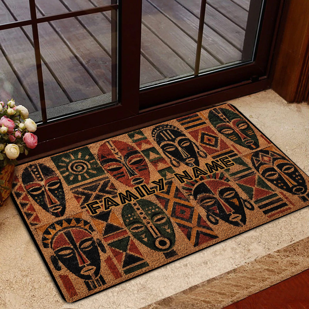 African art doormat arranged inside a home entrance with warm wood and glass doors