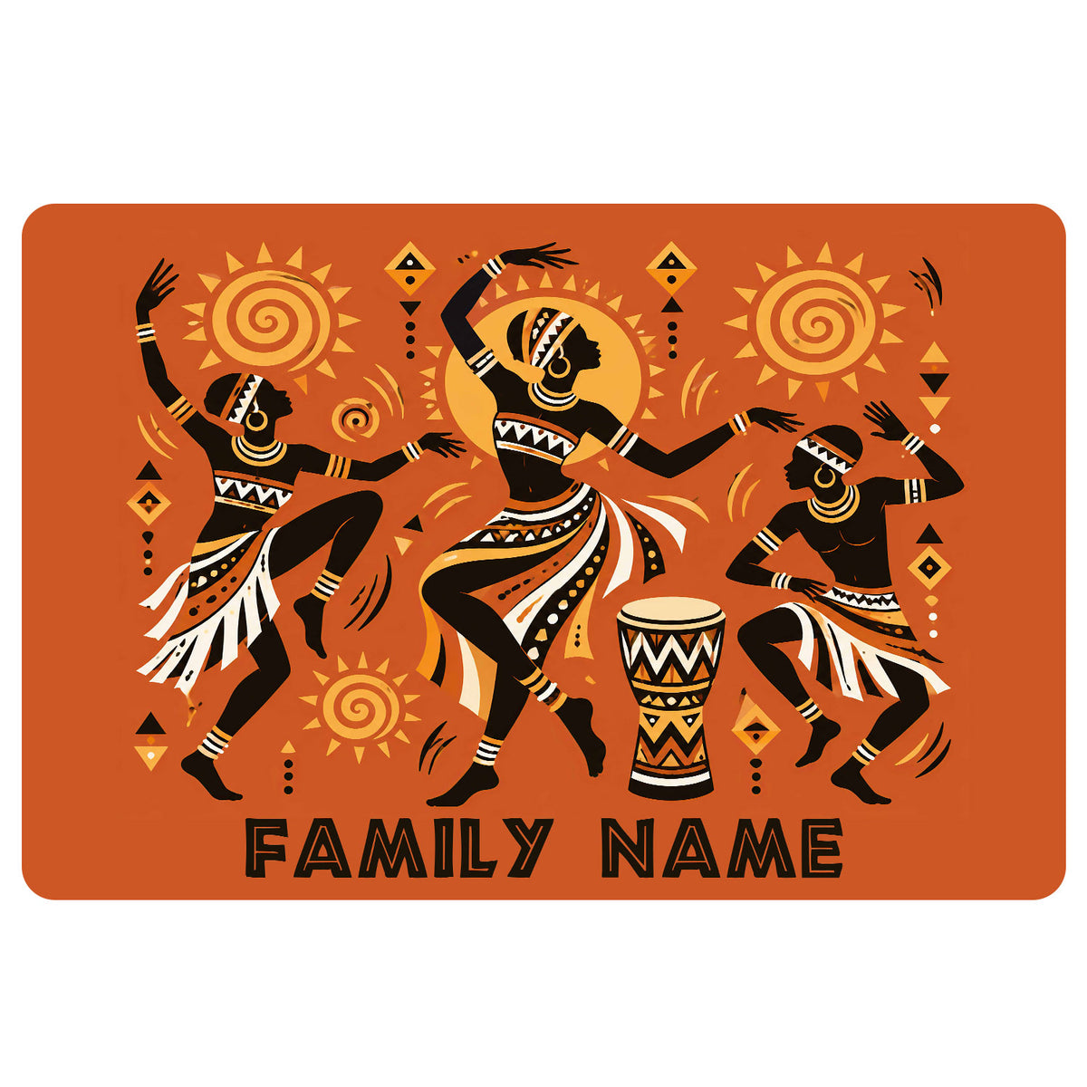 African-inspired doormat featuring three dancers, sun motifs, geometric patterns, and a hand drum on an orange background