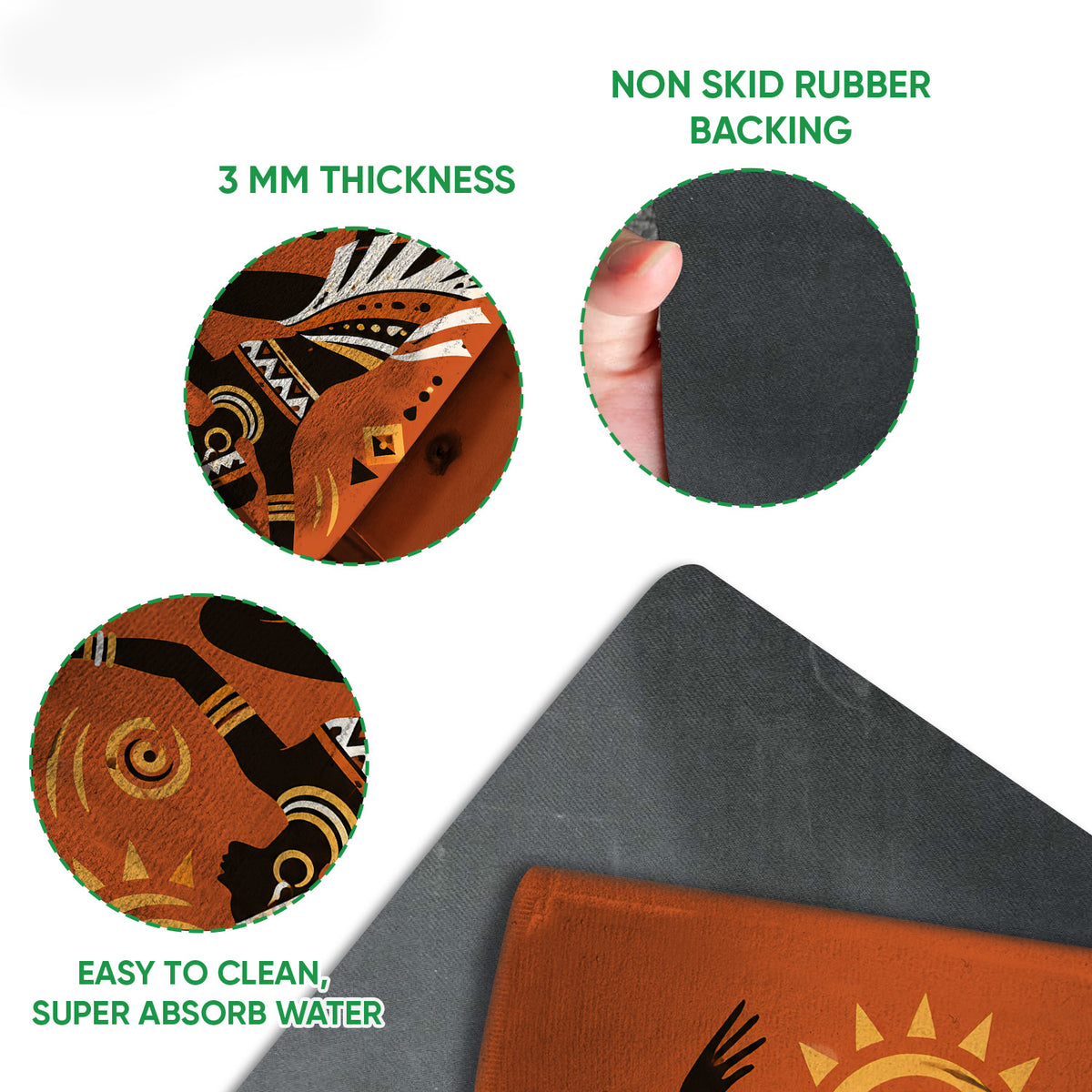 Close-up product detail showing the African dancer print, felt-like surface, rubber backing, and rounded doormat edge