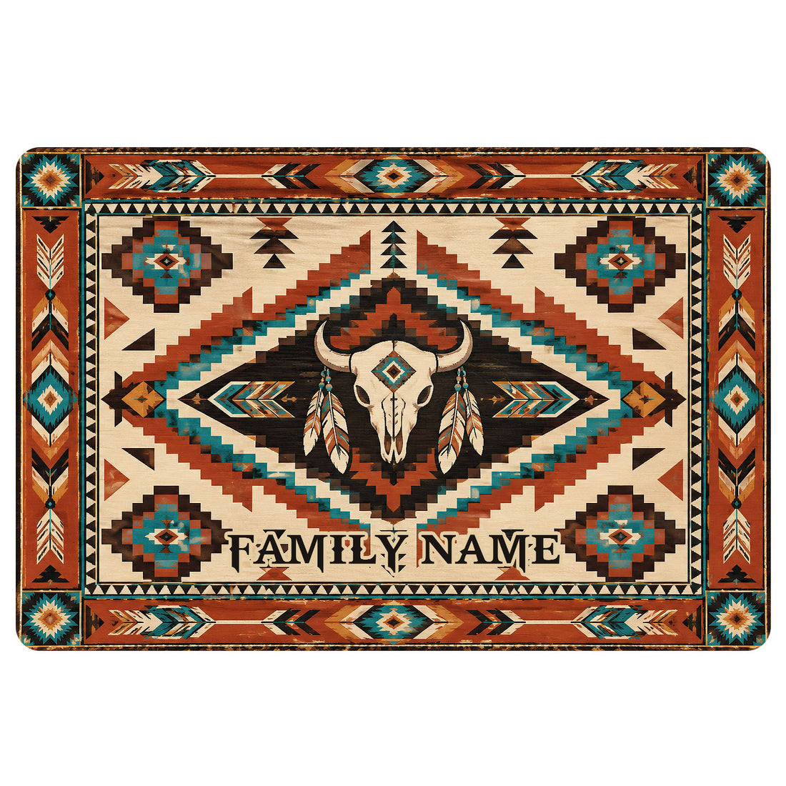 American Native geometric doormat featuring a bison skull, feathers, arrows and teal, rust and cream motifs