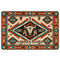 American Native geometric doormat featuring a bison skull, feathers, arrows and teal, rust and cream motifs