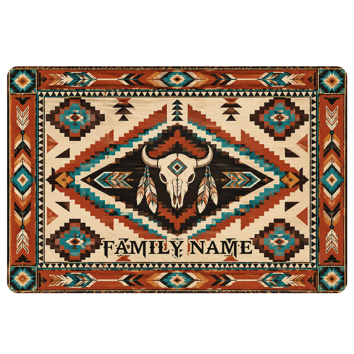 American Native geometric doormat featuring a bison skull, feathers, arrows and teal, rust and cream motifs