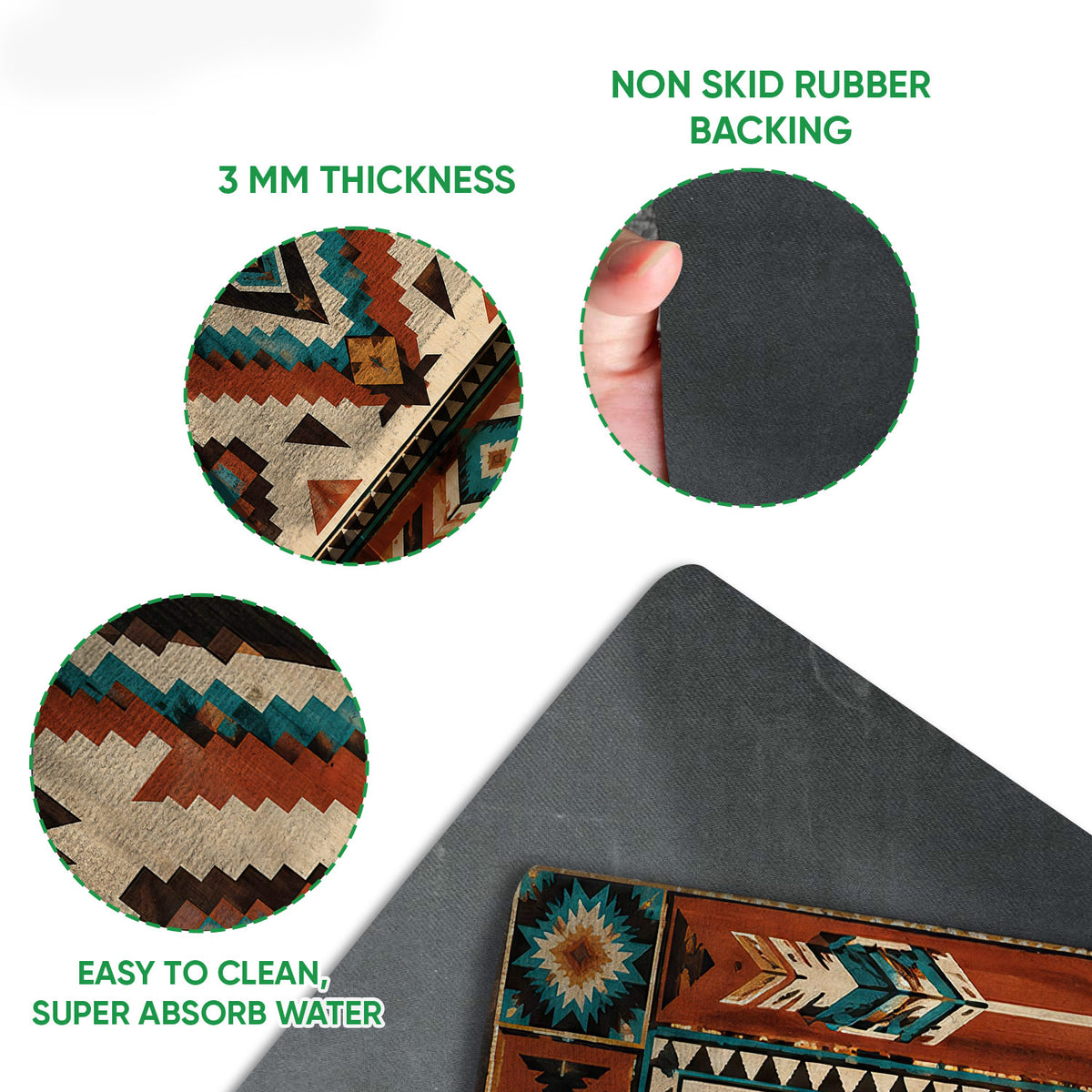 Close detail of the American Native patterned doormat surface and dark rubber backing