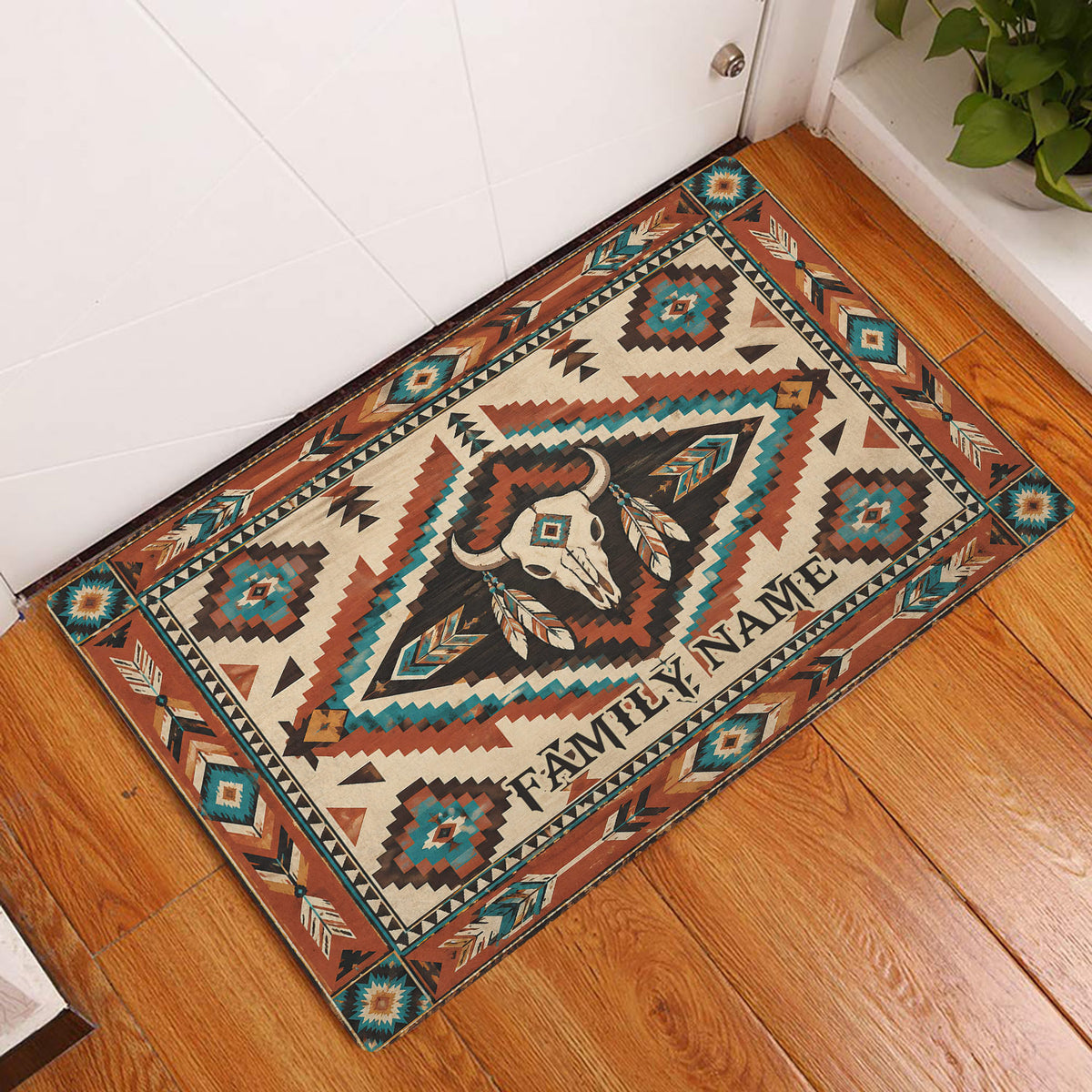 American Native bison skull doormat displayed in a bright entryway on a wood floor