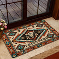 American Native entryway mat with bison skull and colorful geometric artwork near a glass door