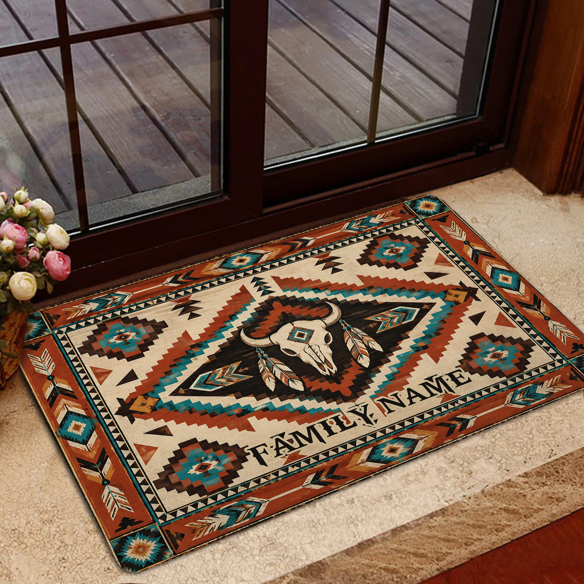 American Native entryway mat with bison skull and colorful geometric artwork near a glass door