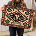 American Native bison skull doormat shown in a lifestyle presentation with bold geometric borders