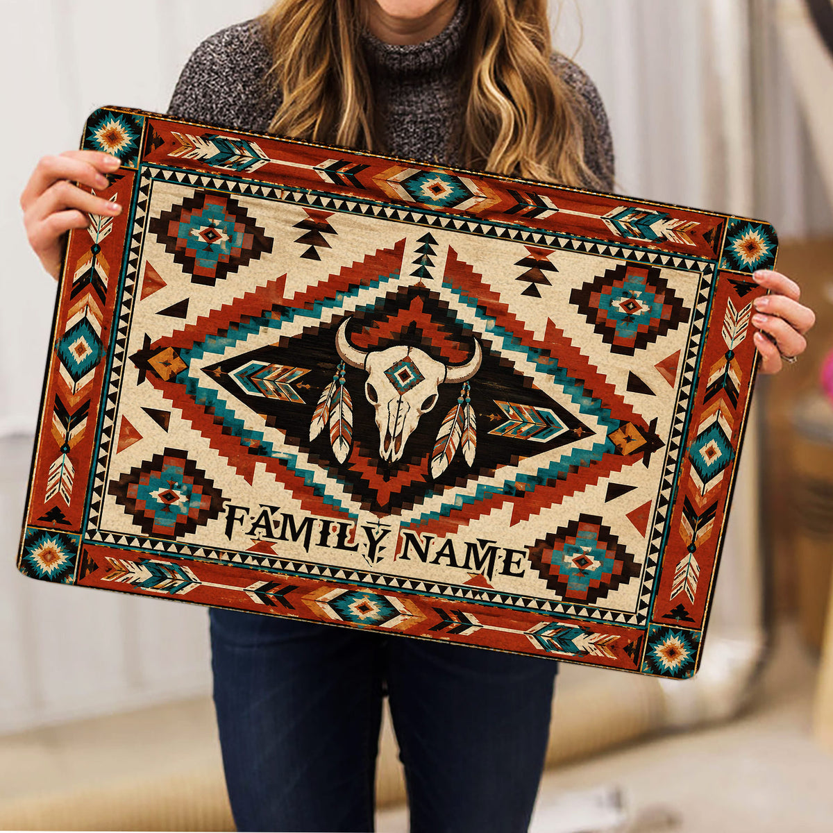 American Native bison skull doormat shown in a lifestyle presentation with bold geometric borders