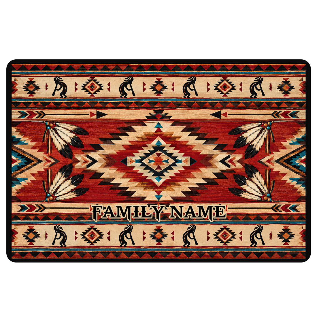 American Native doormat with geometric patterns, feather motifs, warm earth tones, and a central family message