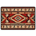American Native doormat with geometric patterns, feather motifs, warm earth tones, and a central family message