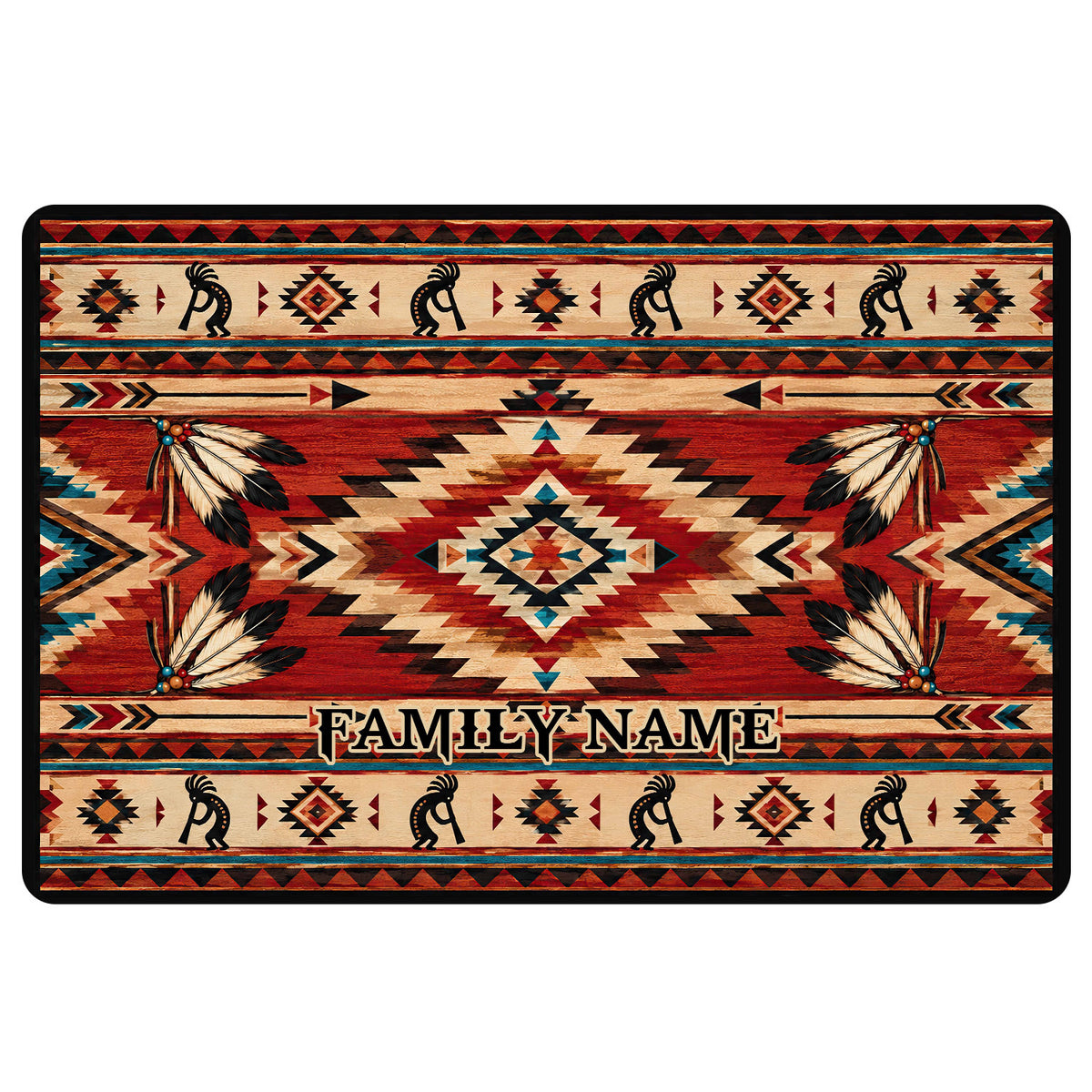 American Native doormat with geometric patterns, feather motifs, warm earth tones, and a central family message