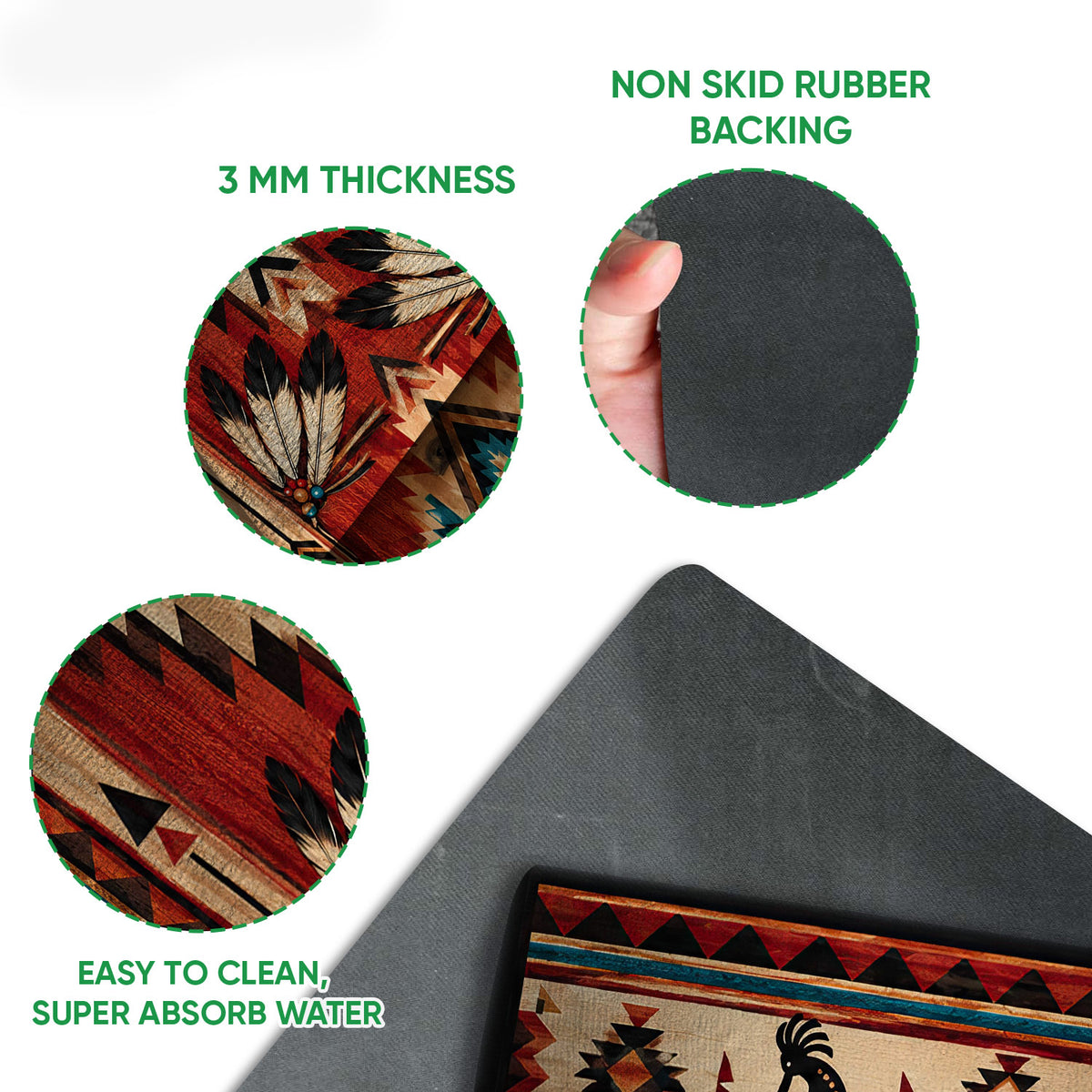 Close-up of American Native doormat artwork and black backing showing the printed surface and construction details