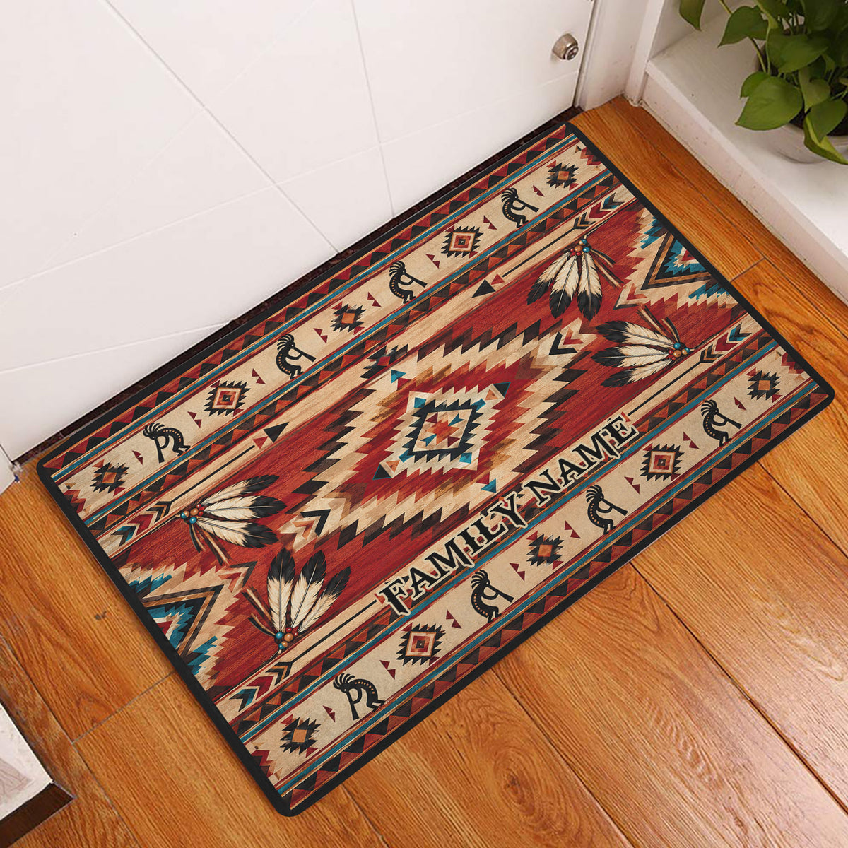 American Native entryway rug displayed by a door with geometric bands, feather motifs, and warm Southwestern colors