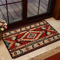 American Native entryway mat styled by a glass door with geometric artwork, feather motifs, and a family welcome theme
