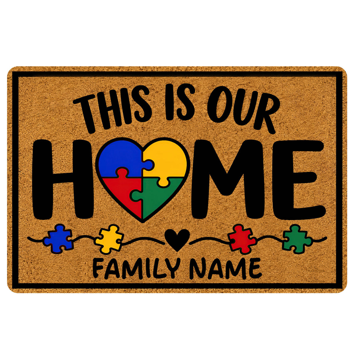 Autism doormat with a colorful puzzle-piece heart, family welcome theme, and warm tan background